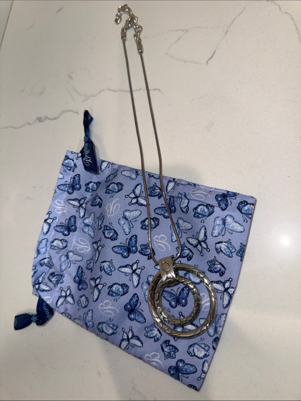 Brighton Silver Double-Ring Pendant Necklace with Blue Butterfly Pouch